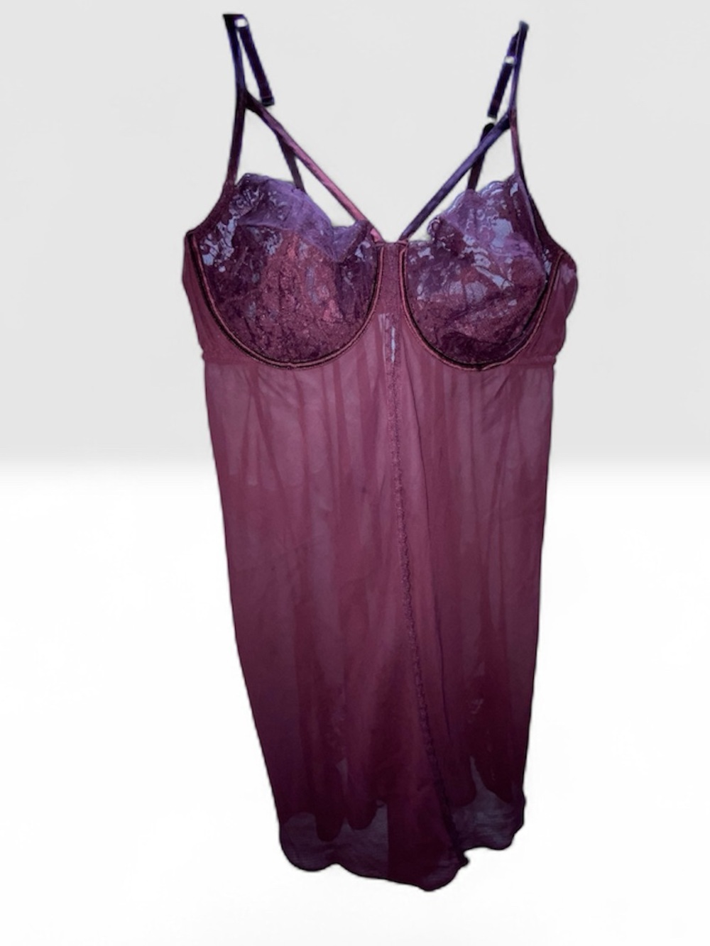 * Cacique Womens size 22/24  Lace Sheer Chemise plum underwire open front lace